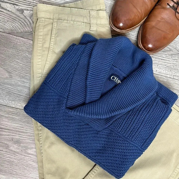 CHAPS by Ralph Lauren Mens Blue Shawl Neck Heavy Knit Long Sleeve Sweater  L - Picture 1 of 9